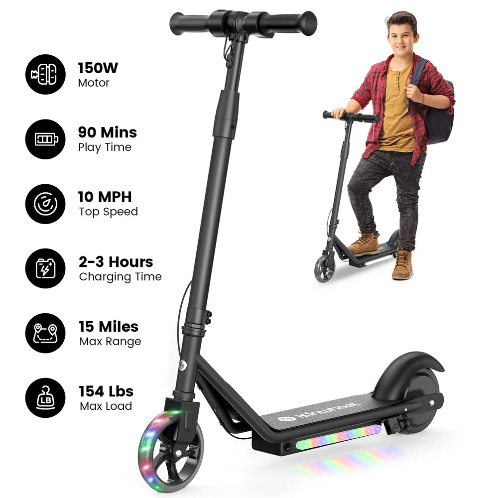 isinwheel S2 Kids Electric Scooter – 150W Motor, LED Light-Up Deck, Adjustable Height, Foldable Electric Scooter for Kids