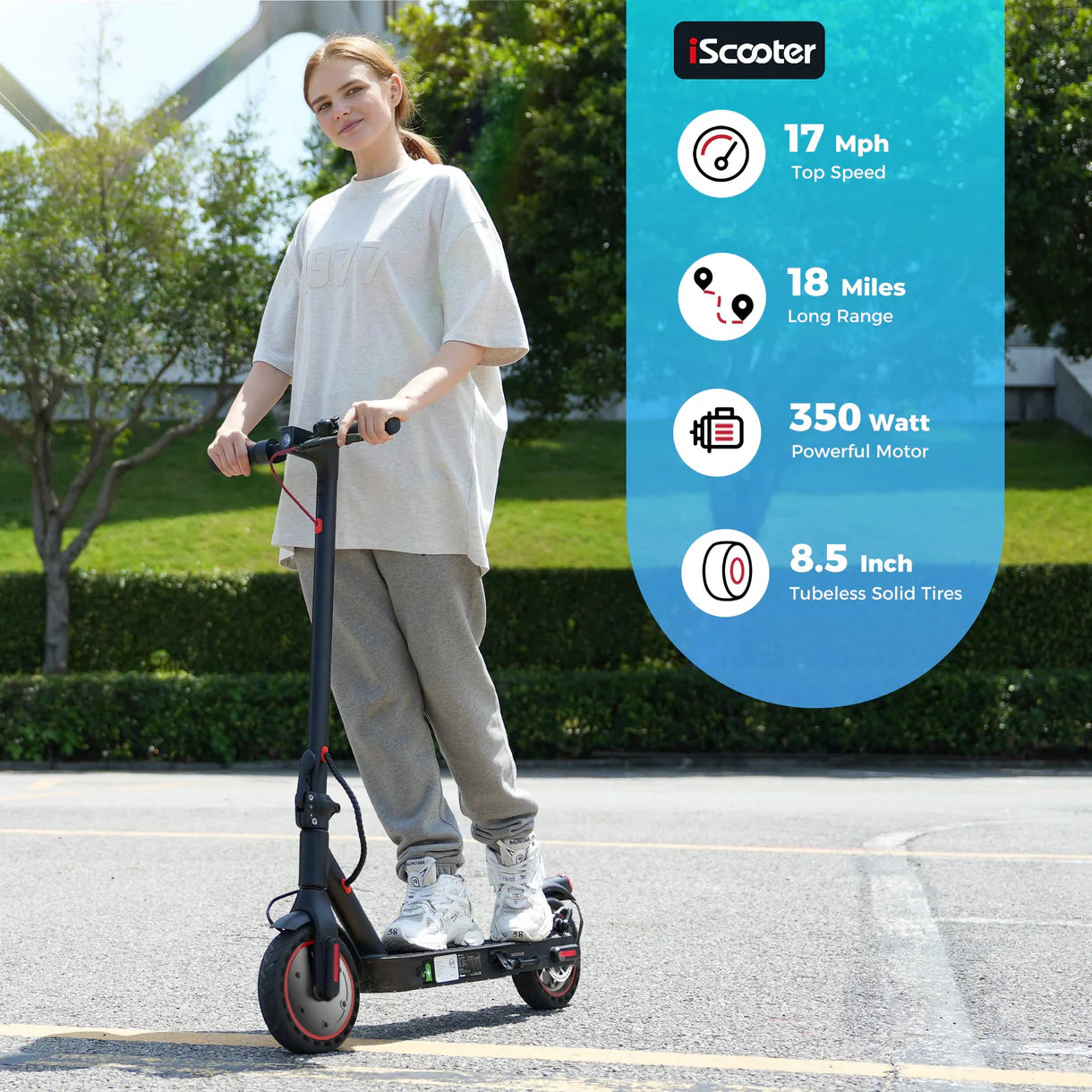 iScooter I9 Electric Scooter – 350W Motor, 18.6 MPH Top Speed, 18 Mile Range, Foldable Commuter E-Scooter (Black)