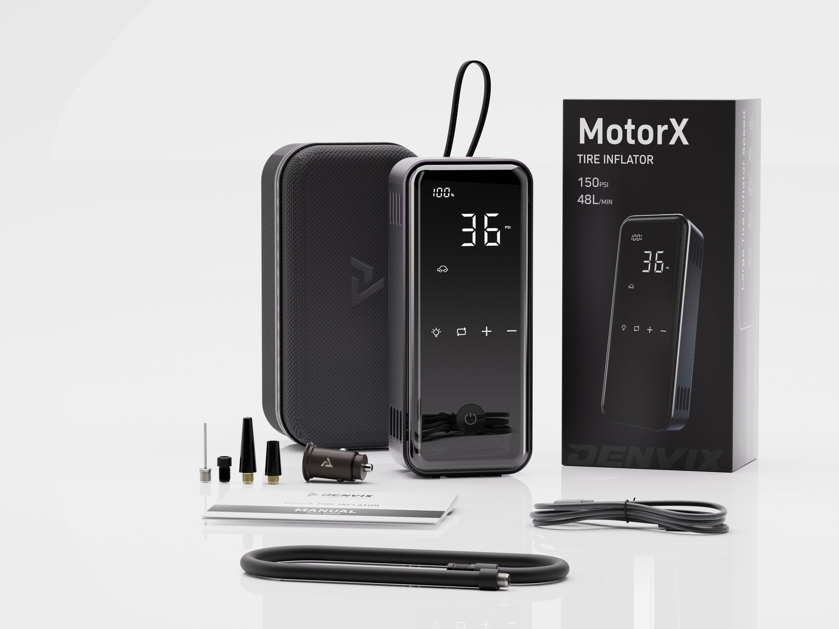 Denvix MotorX Smart Tire Inflator – 150 PSI Portable Air Compressor | 15000mAh Battery | 65W Fast Charging Power Bank